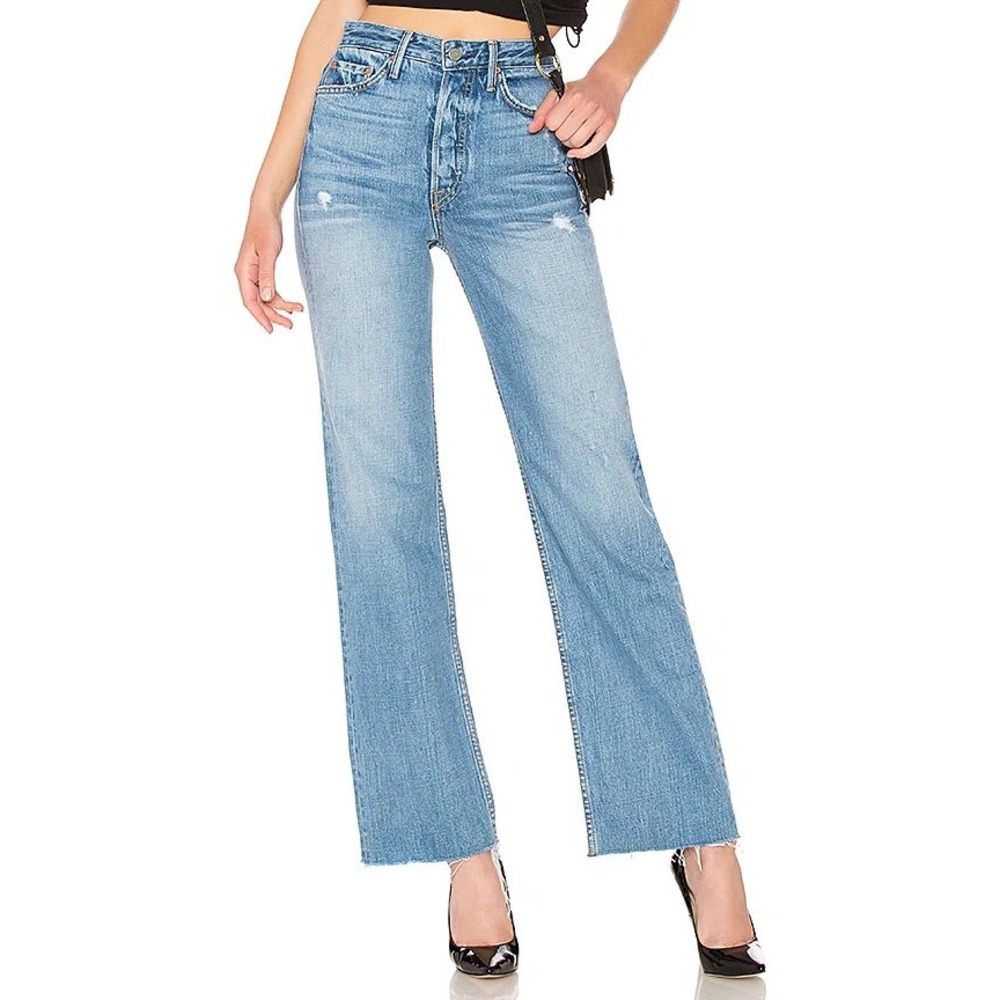 GRLFRND Carla Super High-Rise Bell Jean Gonna Fly Now Light Wash Distressed 28